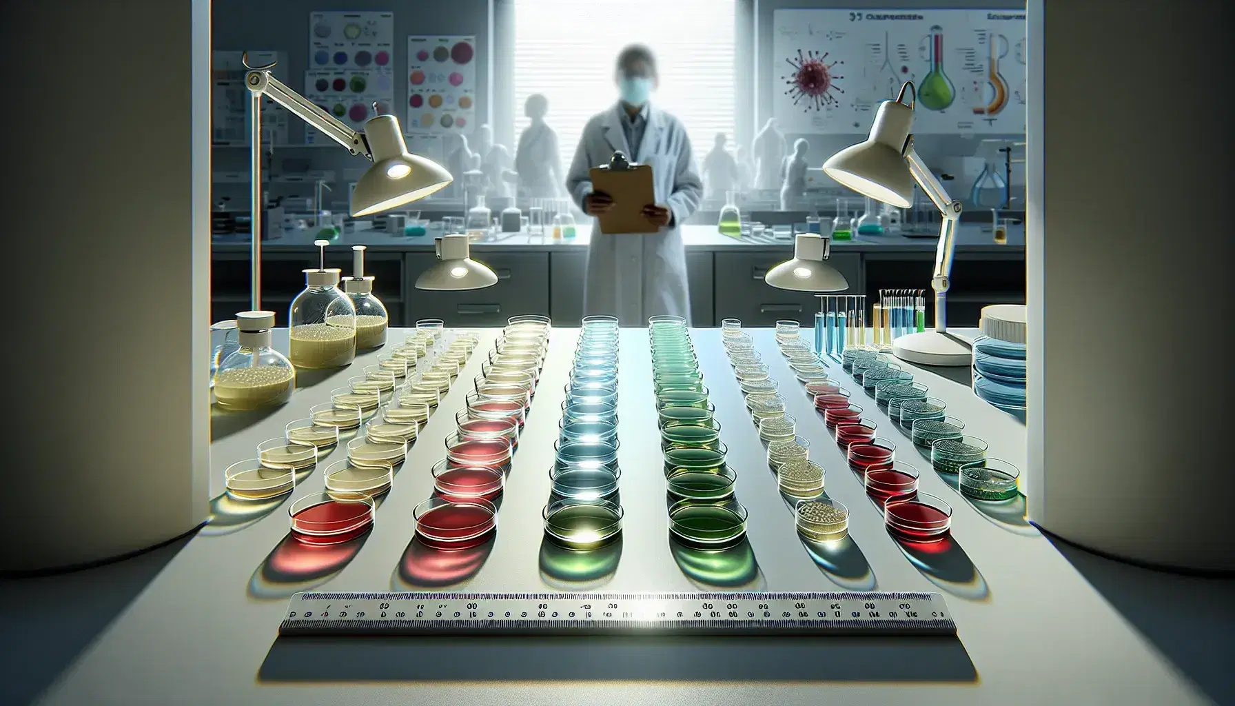 Laboratory with Petri dishes on bench, green agar on the left, red in the center, blue on the right, ruler above, background with researcher.