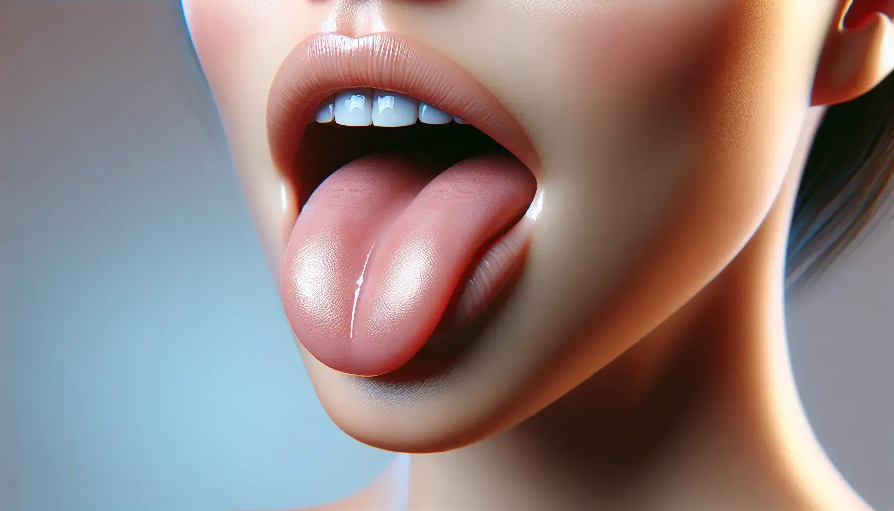 Close-up profile view of a human mouth with parted lips, teeth slightly visible, and tongue touching the alveolar ridge, against a soft blue background.
