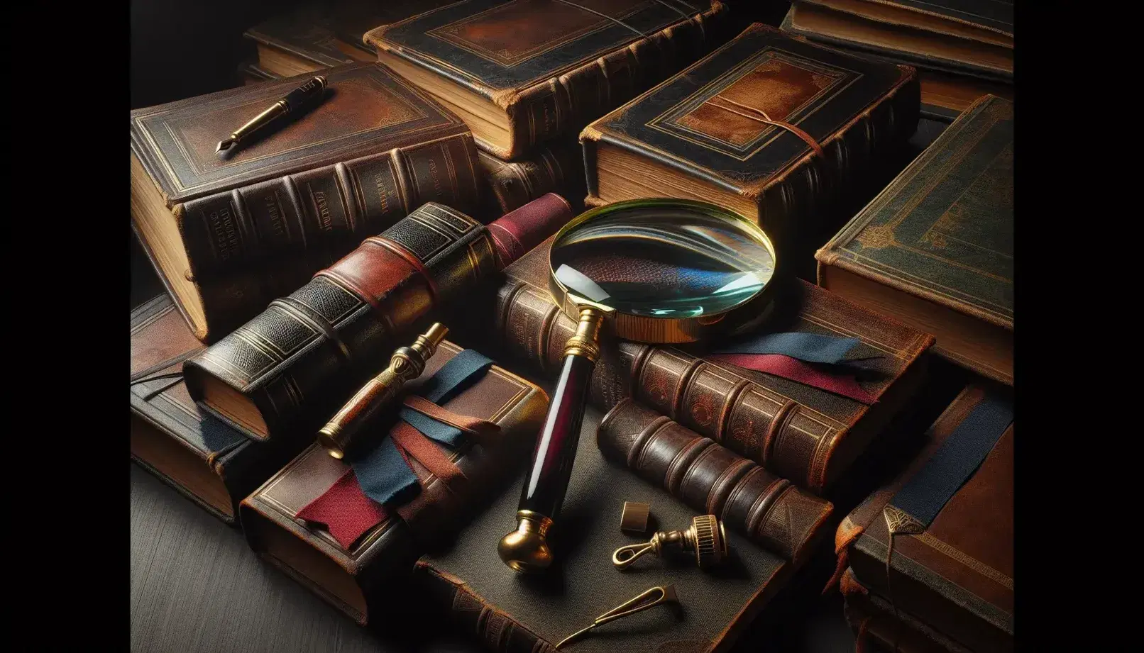 Libri antichi impilati su tavolo scuro con lente d'ingrandimento, segnalibri colorati, penna stilografica e carta ingiallita.