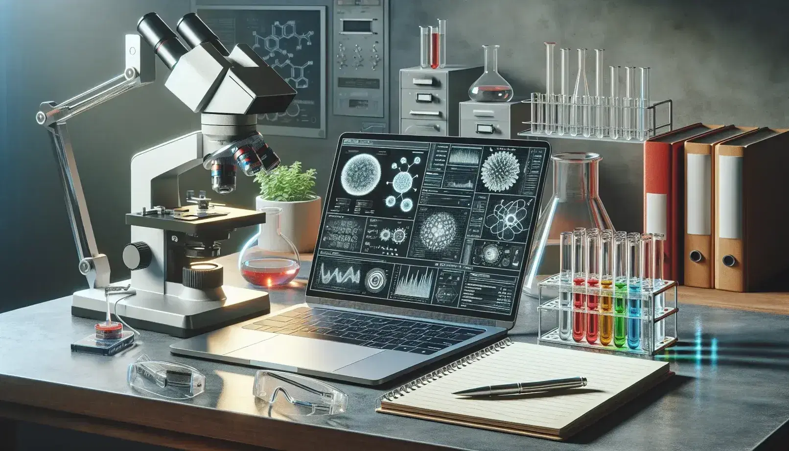 Espacio de trabajo de investigación tecnológica con portátil abierto, microscopio electrónico, gafas de seguridad, guantes de látex, tubos de ensayo con líquidos de colores y planta verde.