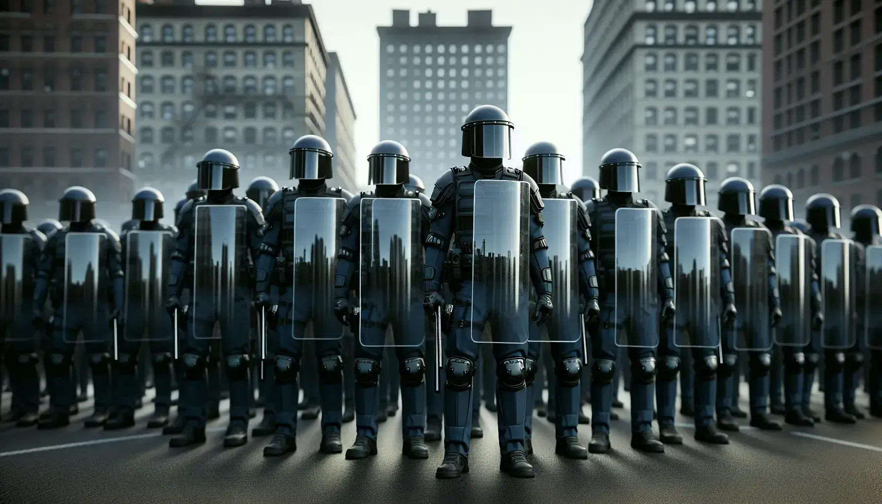 Grupo de figuras en uniforme azul oscuro con cascos y visores, sosteniendo escudos rectangulares y con bastones en cinturones, frente a fondo urbano desenfocado.