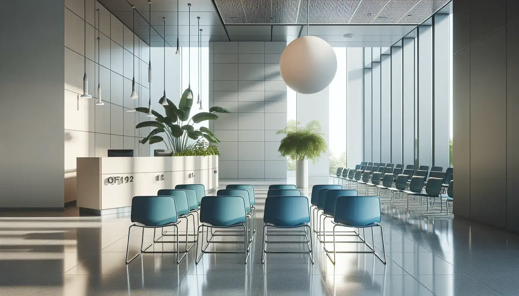 Sala d'attesa ufficio pubblico moderno con sedie impilabili blu cobalto, scrivania in legno chiaro, pianta verde e illuminazione soffusa.