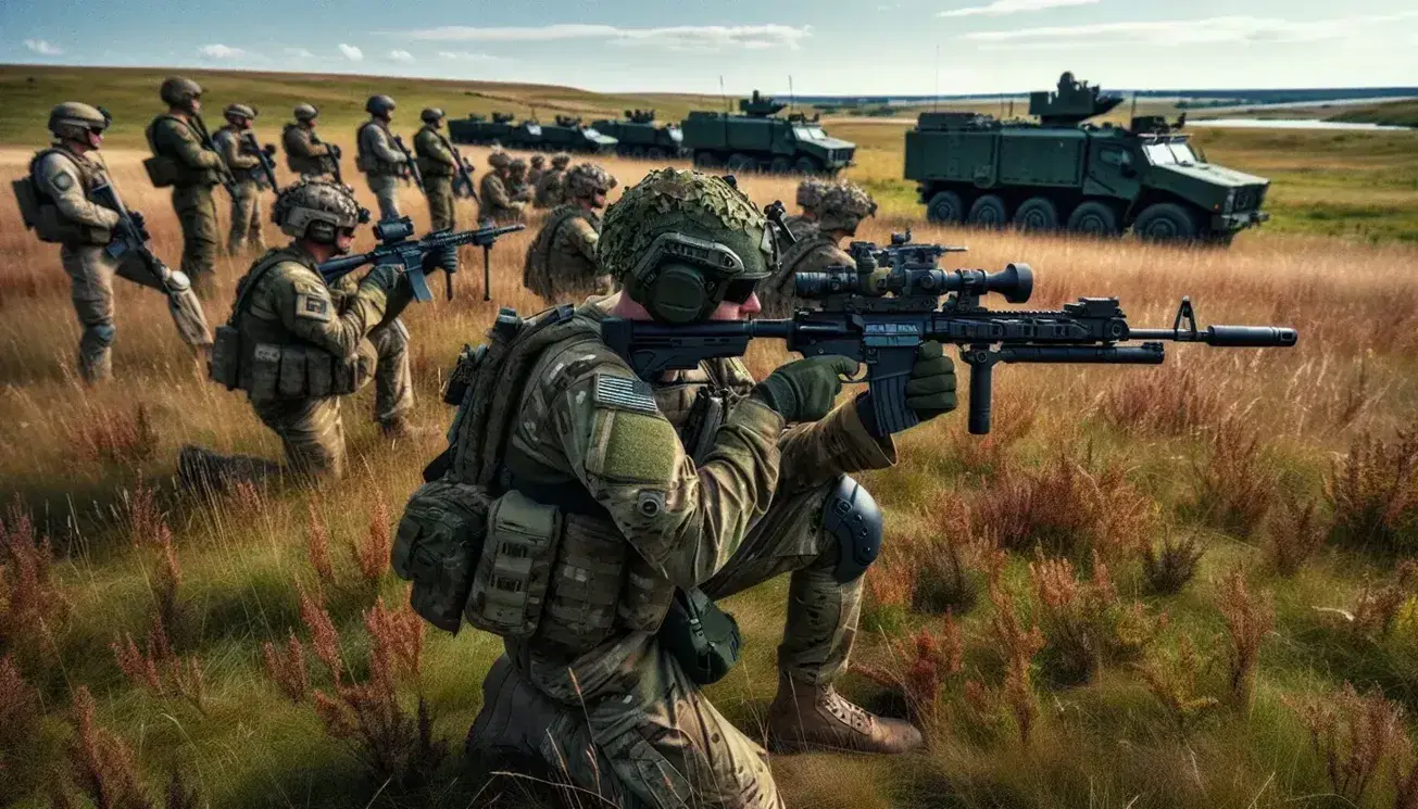 Soldiers in diverse camouflage gear engage in joint military exercise on grassy terrain with armored vehicles in the background under a clear sky.