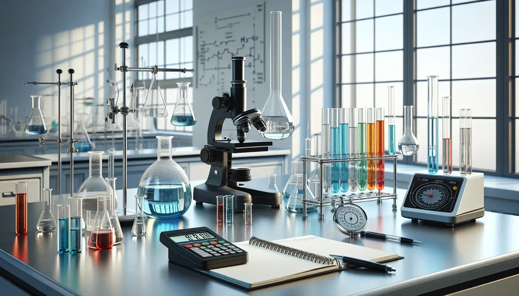 Laboratorio scientifico illuminato con tavolo contenente microscopio, bilancia analitica digitale, cronometro, provette colorate, becher e cilindro graduato.