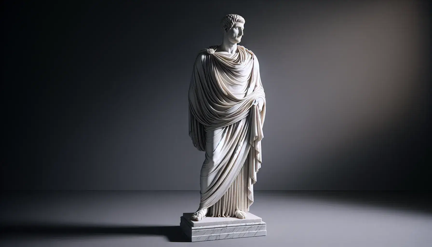 Statua in marmo bianco di figura pubblica romana antica in toga, con dettagli realistici e pieghe del tessuto, su piedistallo grigio.