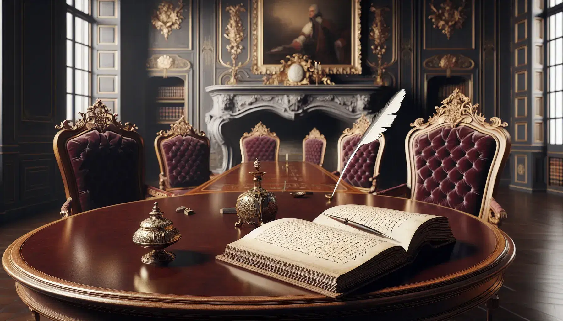 18th-century French salon with a mahogany table, open book, quill, inkwell, red velvet chairs, stone fireplace, and pastoral painting.