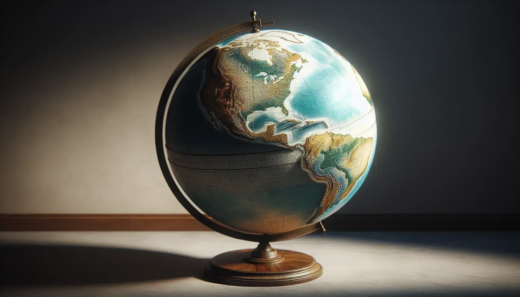 Mappamondo fisico illuminato su supporto in legno, con rilievi in evidenza, colori naturali per terreni e oceani, su sfondo neutro.
