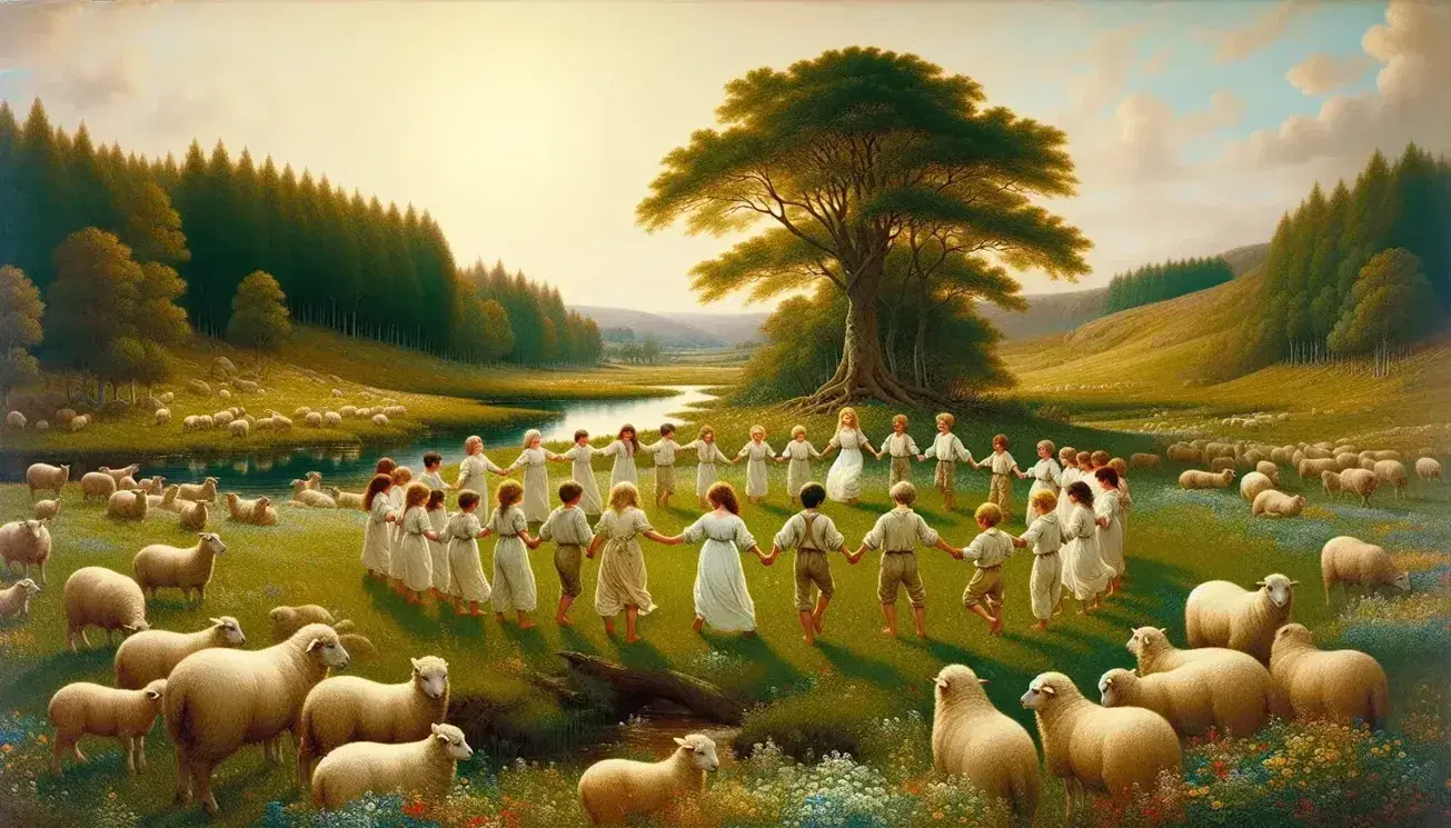 Children dancing in a circle on a flower-speckled meadow by a stream with grazing sheep and a large tree on a sunny day.