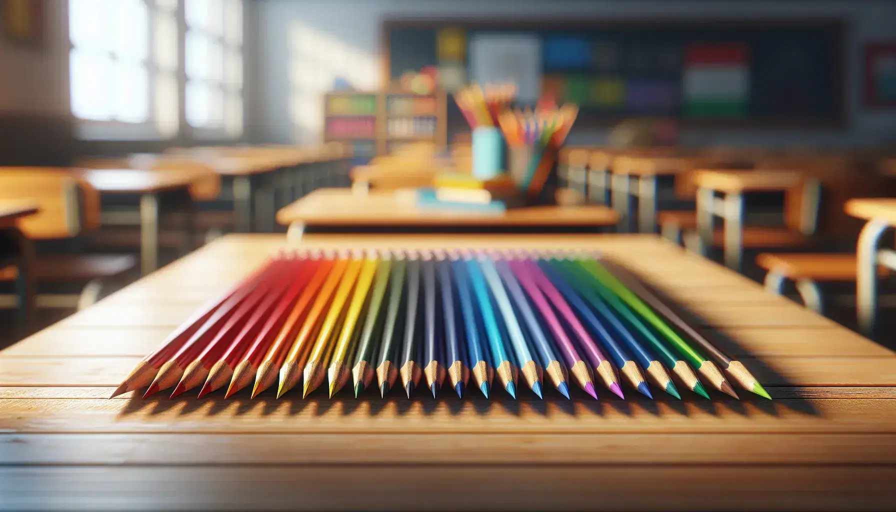 Matite colorate allineate su tavolo di legno in sfumature arcobaleno con sfondo sfocato di aula scolastica, illuminazione naturale.