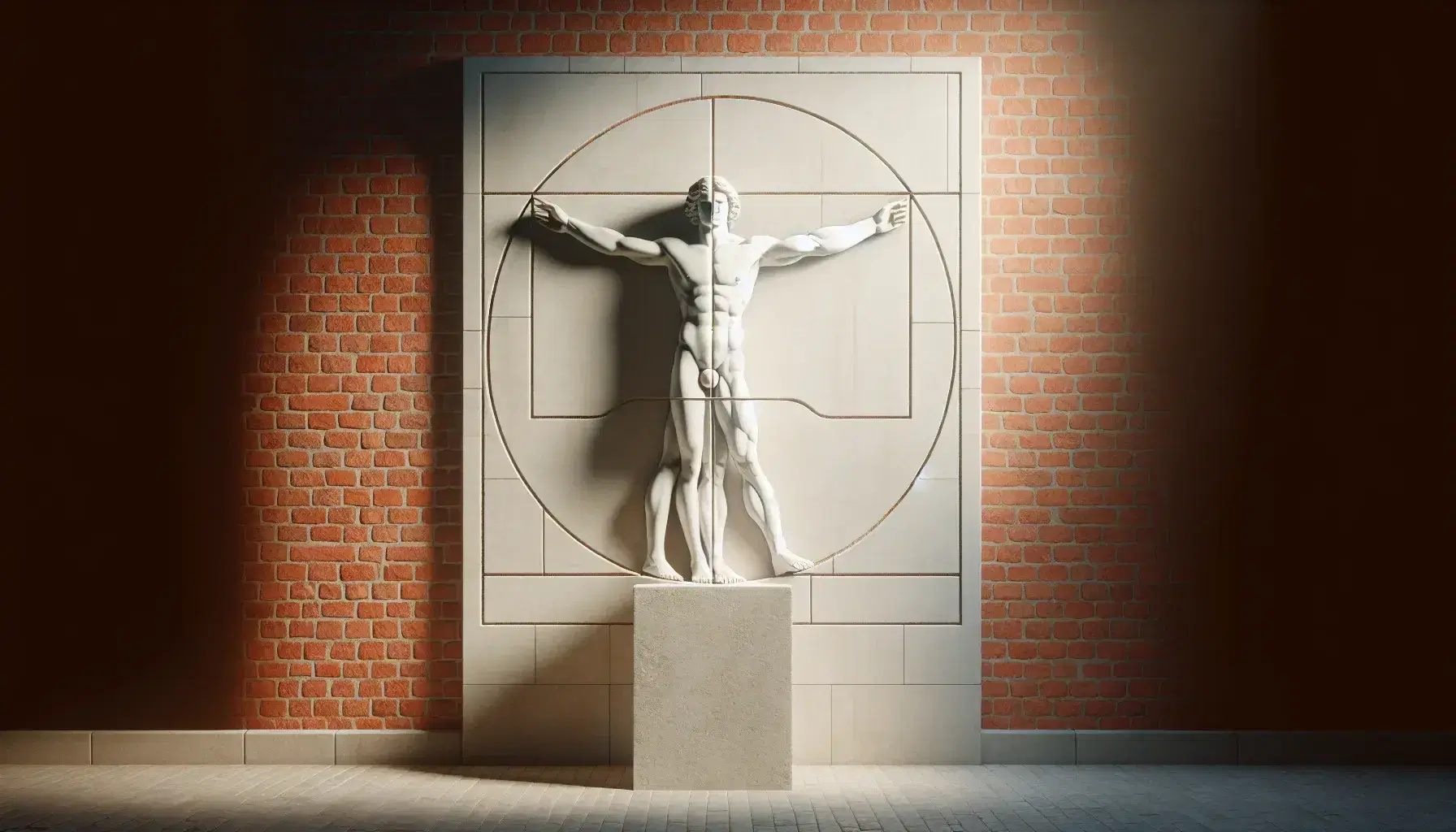 Escultura de mármol blanco de hombre desnudo en posición extendida, inscrito en círculo y cuadrado sobre pedestal, contra pared de ladrillo rojo.