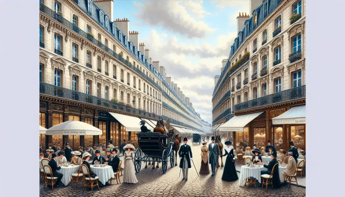 Scena stradale parigina inizio '900 con passanti eleganti, caffè all'aperto, carrozza trainata da cavalli e sfondo Torre Eiffel.