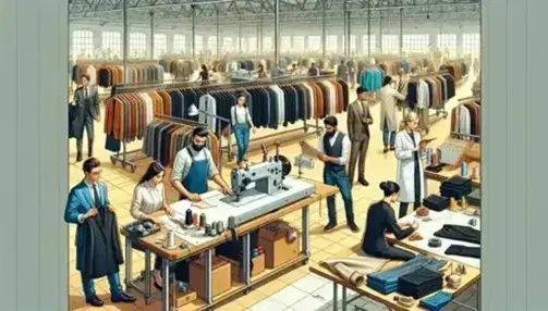 Diverse garment factory workers busy with sewing, cutting fabric, and quality checking a blazer amidst colorful clothing racks in a well-lit spacious interior.