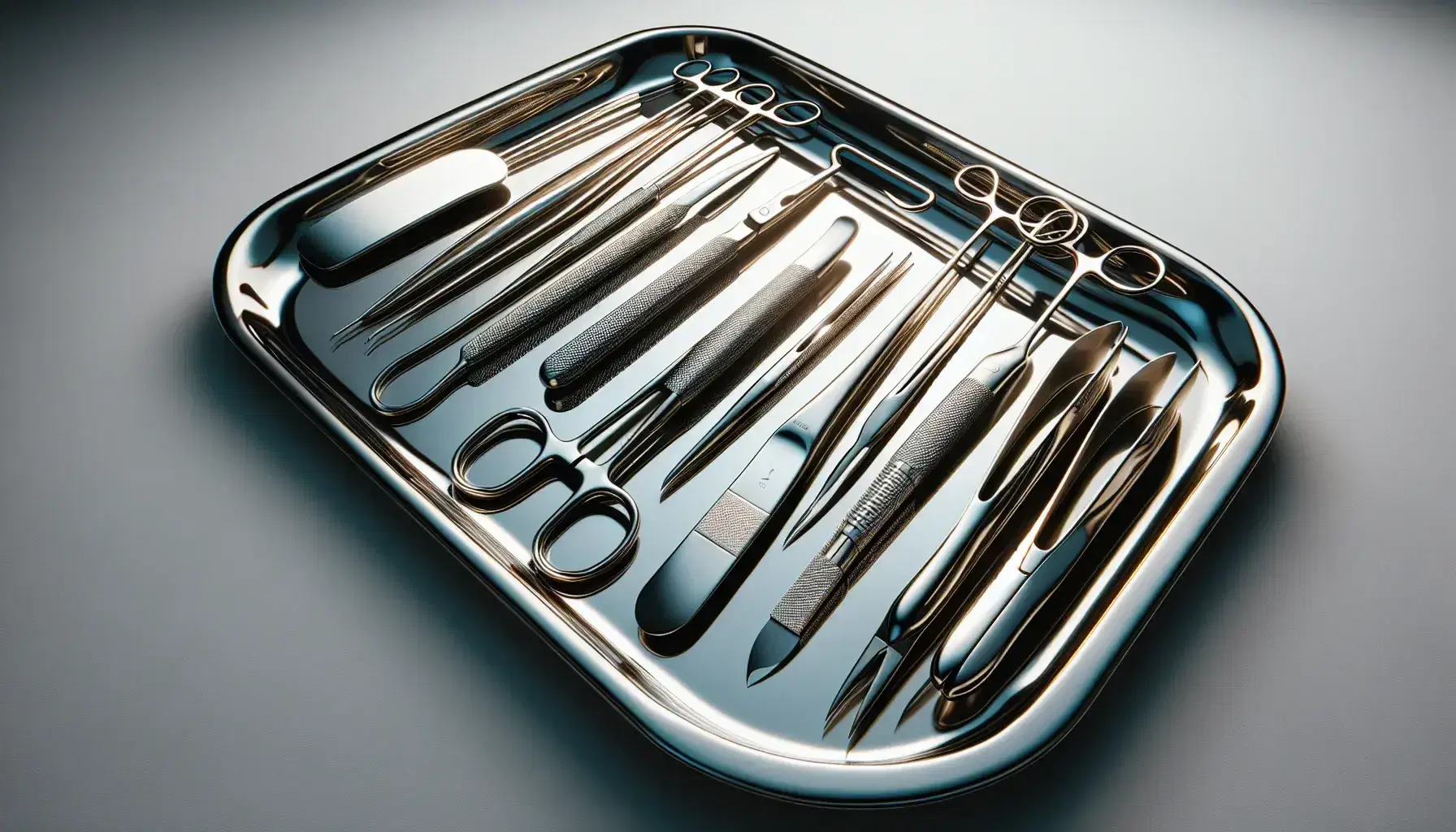 Bandeja de acero inoxidable con instrumentos quirúrgicos metálicos, incluyendo un escalpelo, elevadores periostales y retractores de tejidos blandos, sobre superficie clara.