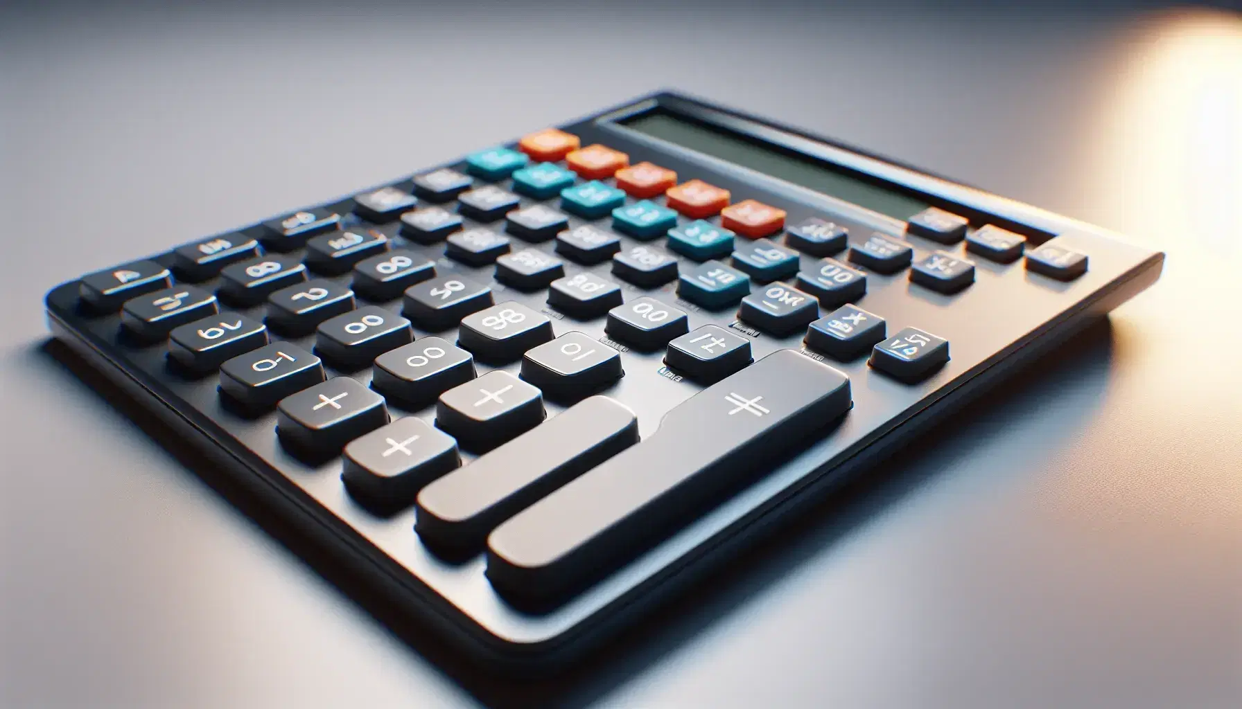 Close-up view of a scientific calculator keypad with dark grey numeric keys, light grey function keys, and bright special function keys, set against a blurred background.