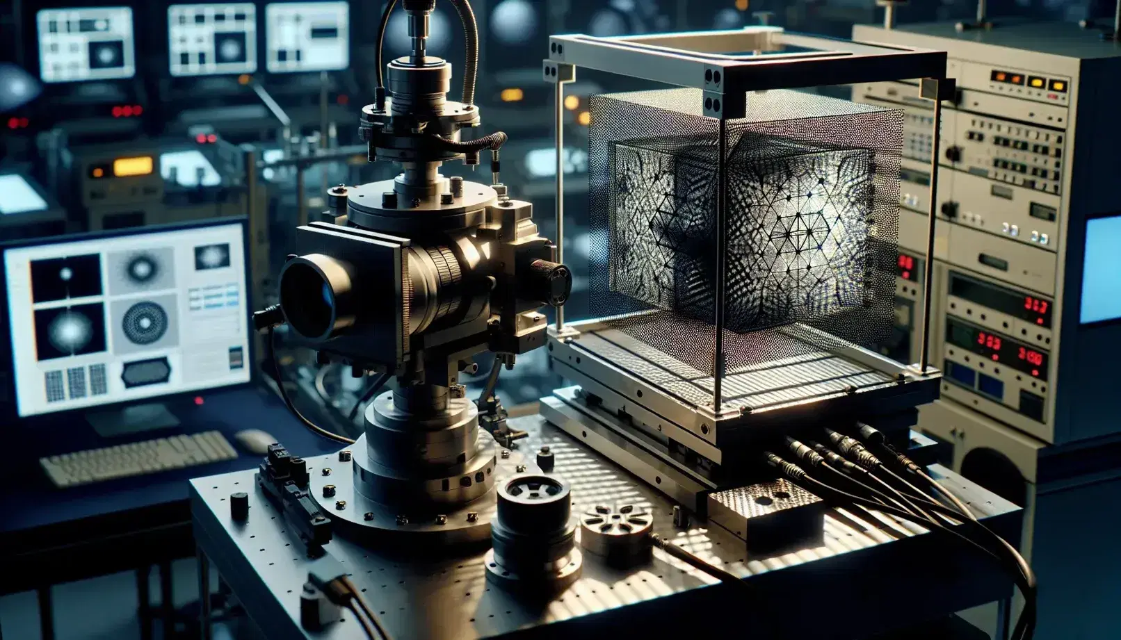Coded aperture imaging system in a lab with a camera on a tripod connected to a computer, focusing on a uniformly lit geometric phantom object.