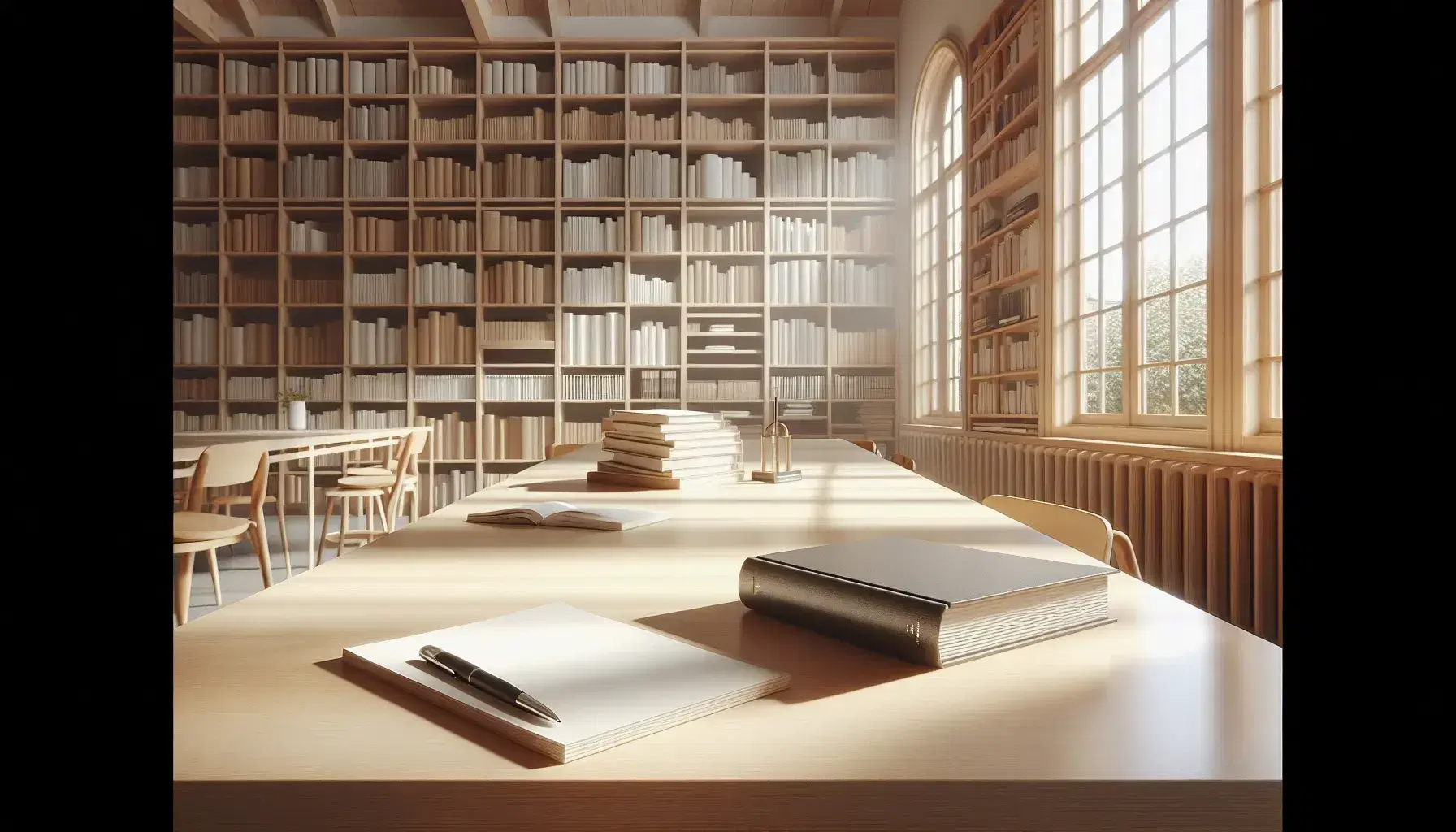 Biblioteca luminosa y ordenada con mesa de madera, papeles apilados, pluma negra y libro abierto, estantes llenos de libros coloridos y ventana con vista al cielo azul.