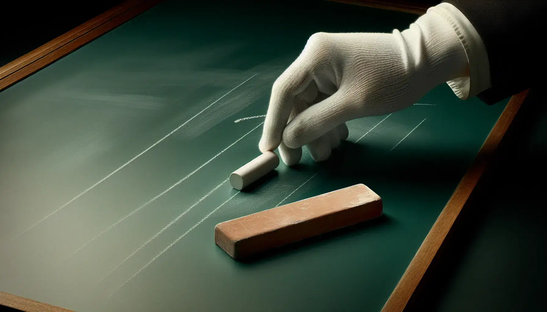 Close-up view of a clean dark green chalkboard with a gloved hand holding white chalk and a wooden eraser with felt bottom in the corner.