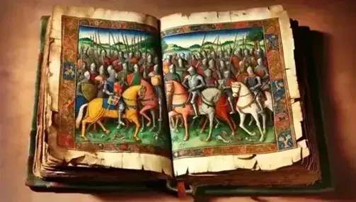 Manoscritto antico aperto con miniatura di battaglia medievale, cavalieri in armatura e cavalli, su sfondo di colline boschive.