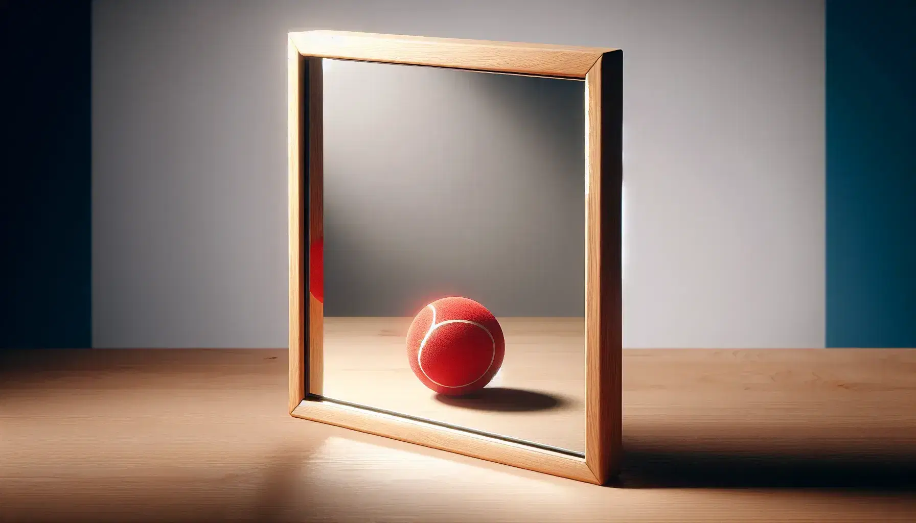 Clear glass mirror with wooden frame reflecting a red rubber ball on a wooden surface against a light gray background, showcasing symmetry and reflection.