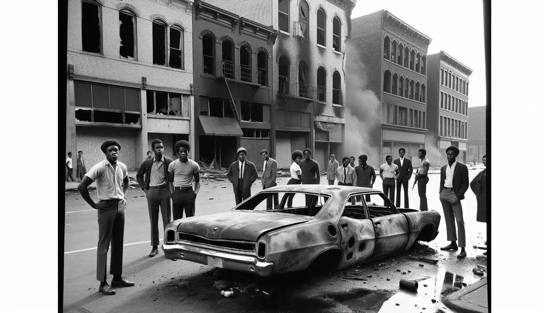 Late 1960s city street scene with a burnt-out car, damaged buildings, and a diverse group of people in period attire under a clear blue sky.
