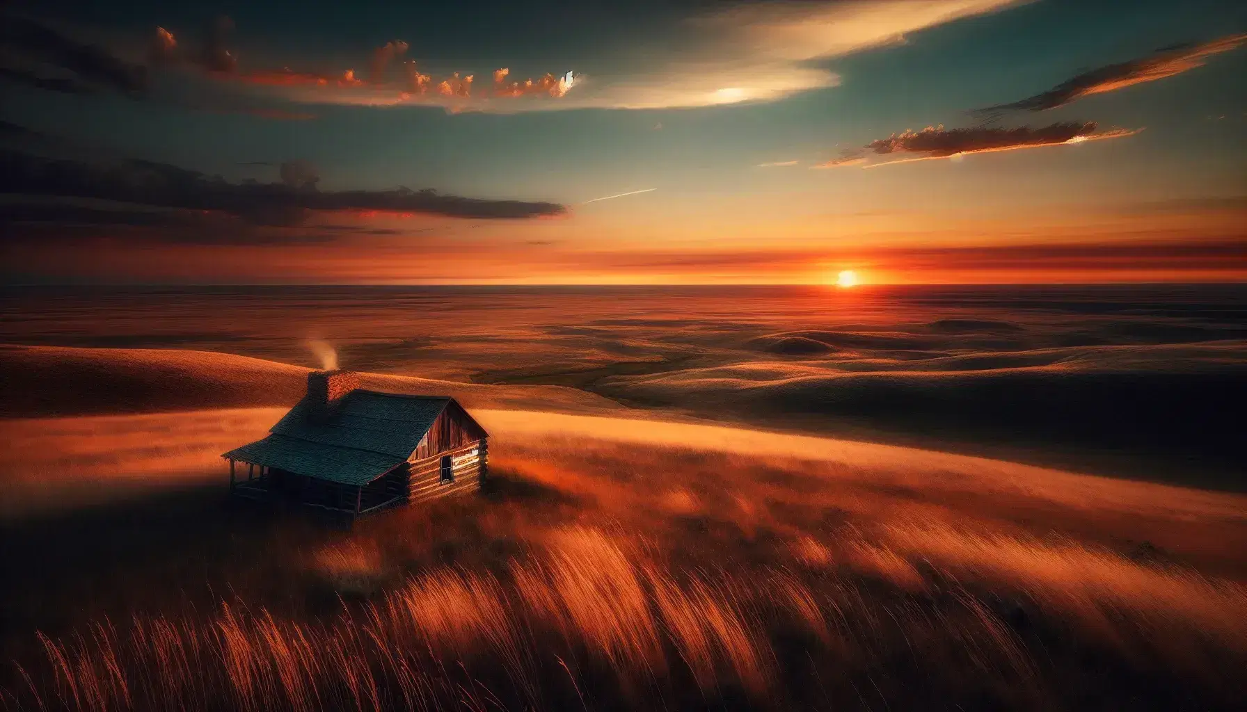 Sunset over a prairie with a wooden cabin and a diverse family gazing towards the horizon, reflecting a serene frontier scene.