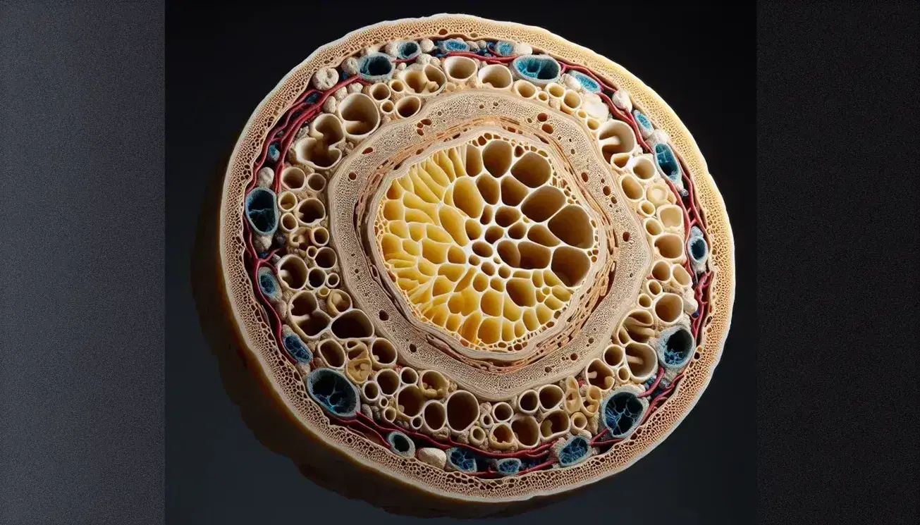 Modelo anatómico en sección transversal de hueso humano mostrando médula amarilla, tejido esponjoso y capa compacta con vasos sanguíneos.