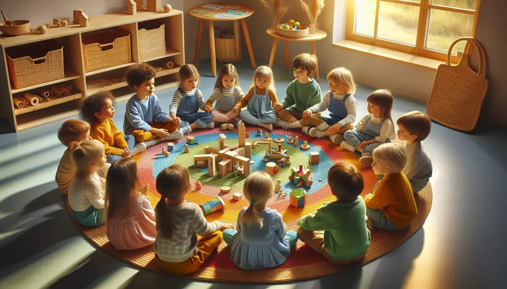 Niños de diversas edades sentados en círculo sobre alfombra colorida, jugando con bloques de madera y sonriendo en una habitación iluminada naturalmente.