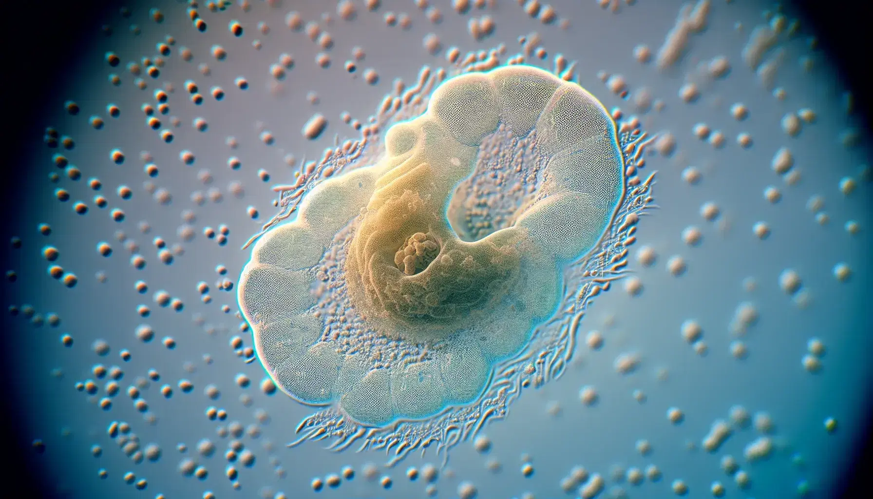 Amoeba proteus undergoing binary fission, with elongating nucleus and extended pseudopodia, against a soft blue microscopic slide background.