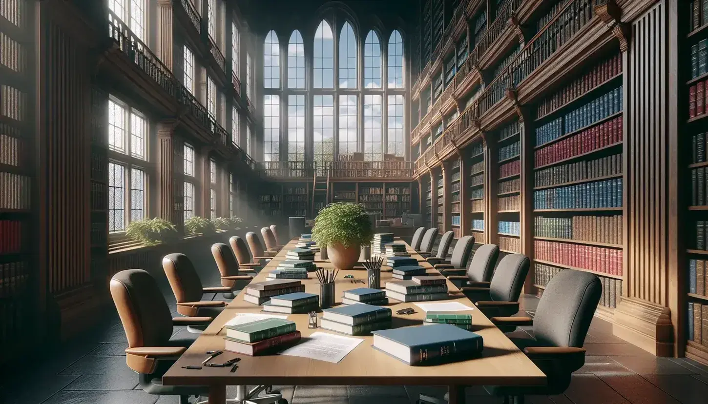 Biblioteca universitaria con scrivania in legno chiaro, sedie ergonomiche grigie, libri impilati e pianta verde, illuminata da luce naturale.