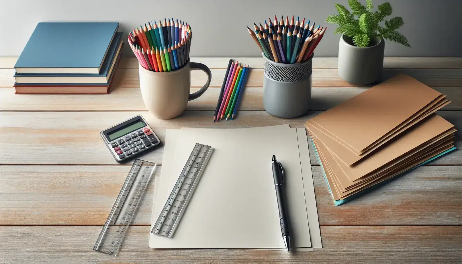 Mesa de madera clara con papeles en blanco, bolígrafo azul, lápices de colores, regla transparente, marcadores en taza y calculadora científica, con planta de fondo.