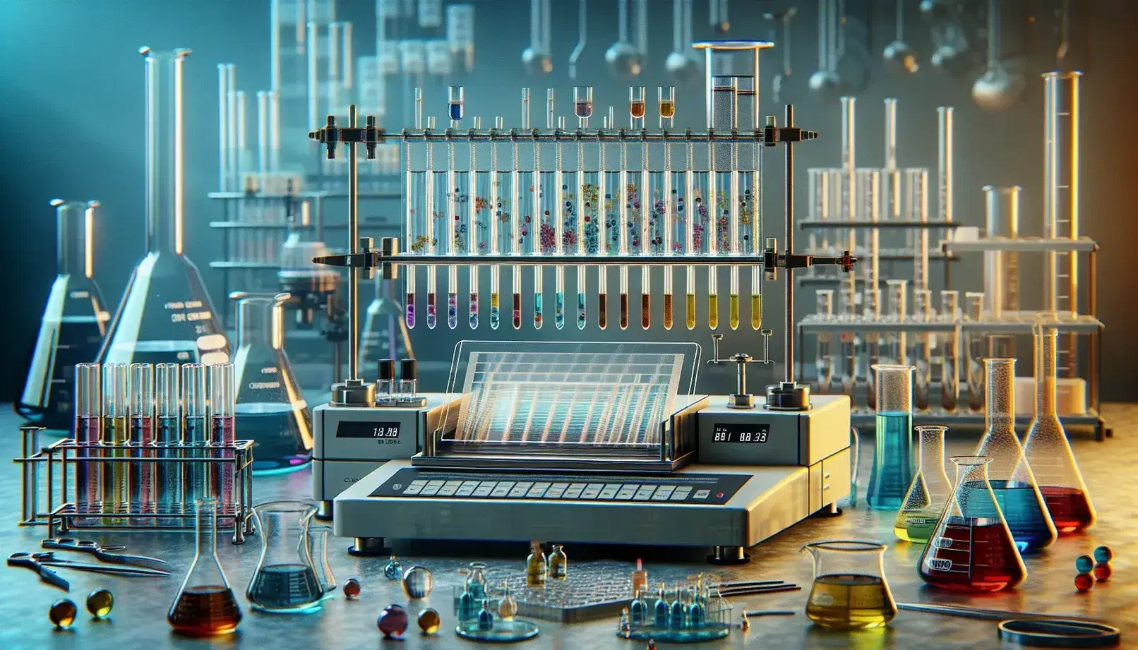 Laboratorio scientifico con strumenti per cromatografia, bilancia analitica, becher con liquidi colorati e provette stratificate.