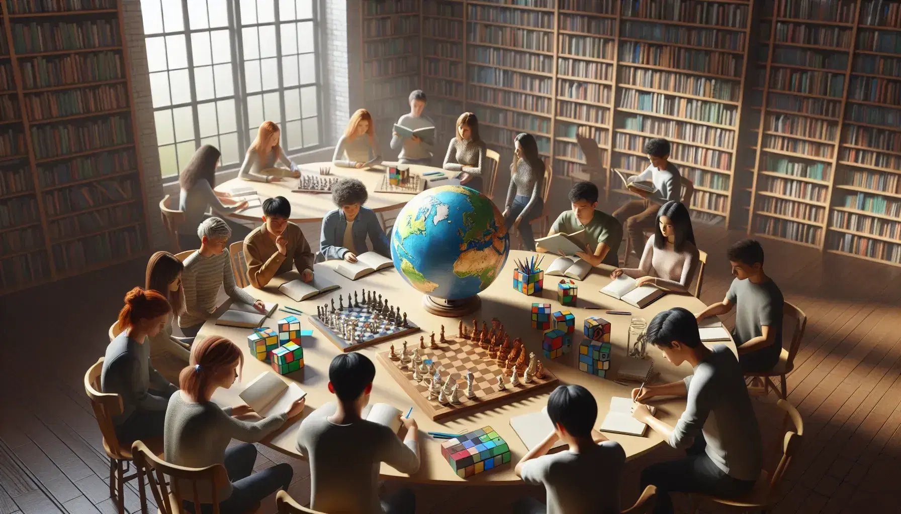 Estudiantes diversos participan en actividades educativas en una biblioteca, con un globo terráqueo, rompecabezas, ajedrez y materiales de dibujo sobre la mesa.