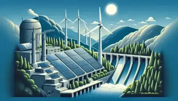 Paneles solares azules y turbina eólica blanca bajo cielo despejado, junto a presa hidroeléctrica y planta de energía limpia en paisaje natural.