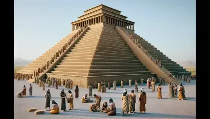Detailed reconstruction of an ancient Mesopotamian temple with mud brick ziggurats, priests and worshipers praying under a blue sky.