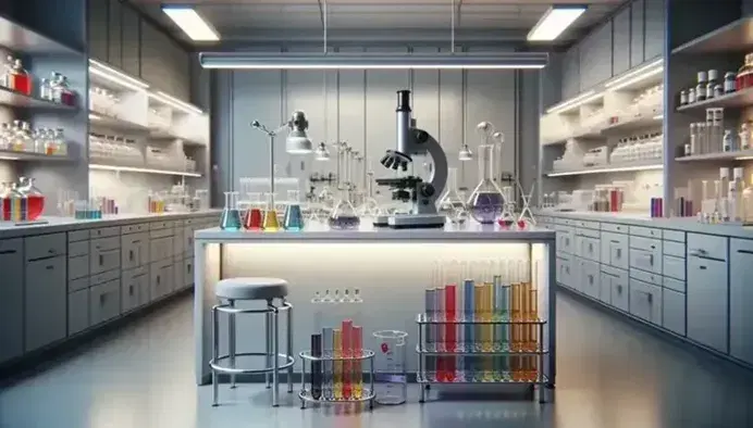 Laboratorio scientifico moderno con provette colorate su supporto metallico, microscopio nero e becher con liquidi, illuminazione a fluorescenza.