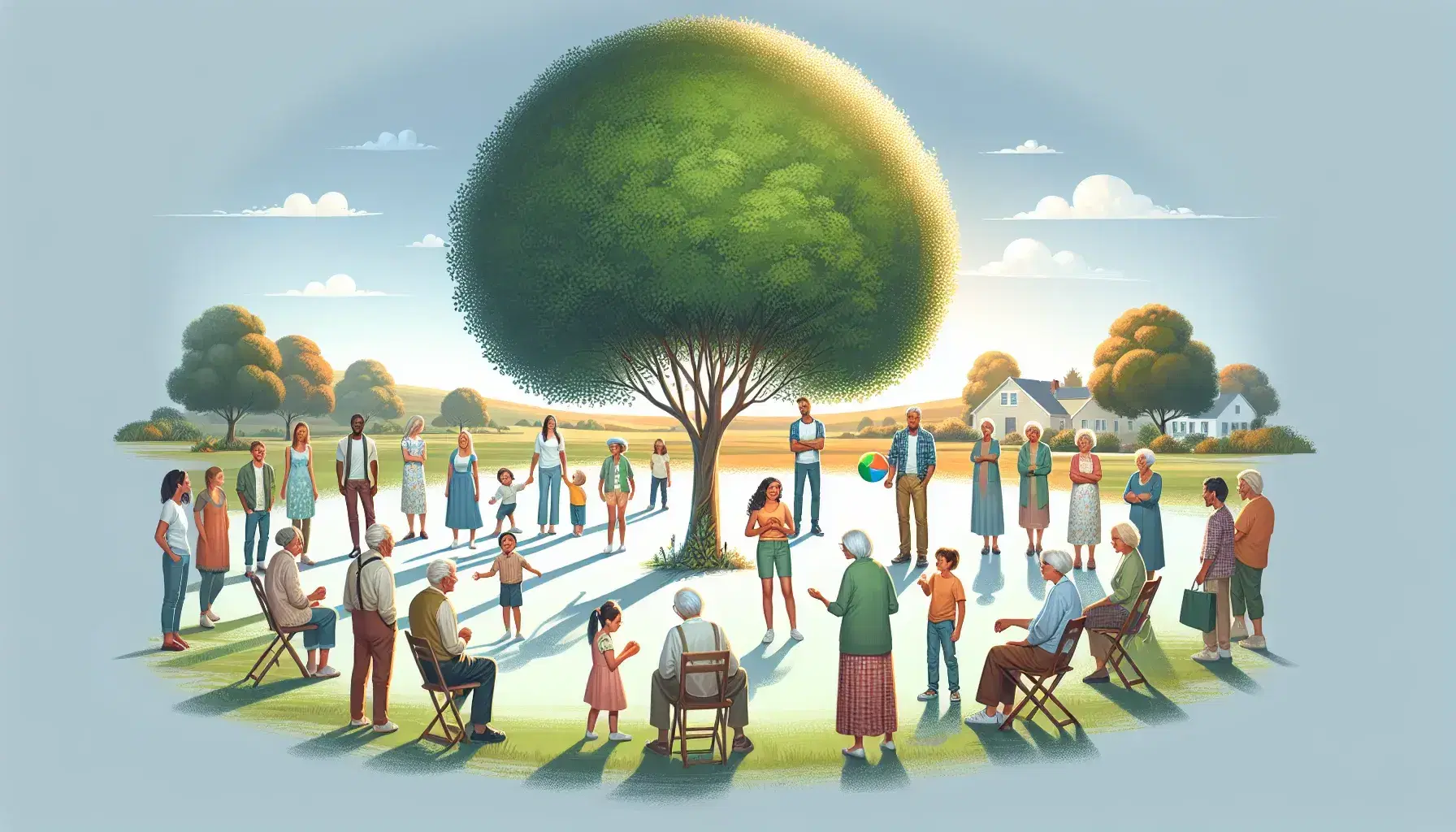 Grupo diverso de personas reunidas al aire libre bajo un árbol, con niños jugando y adultos sonrientes, en un día soleado con cielo azul y colinas verdes.