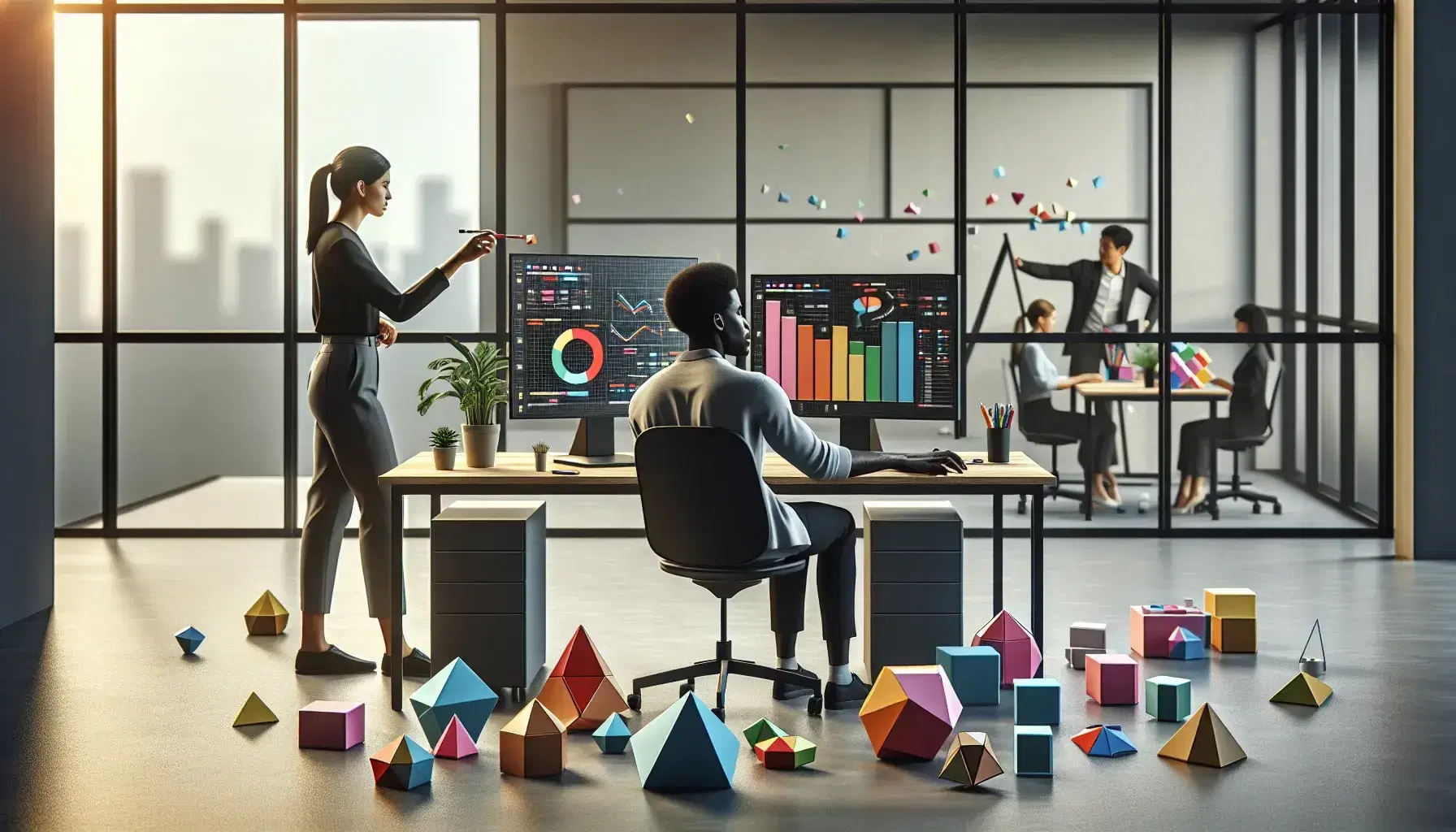 Three professionals in a bright office: a man arranging shapes at a desk, a woman by a whiteboard, and another man analyzing graphs on dual monitors.