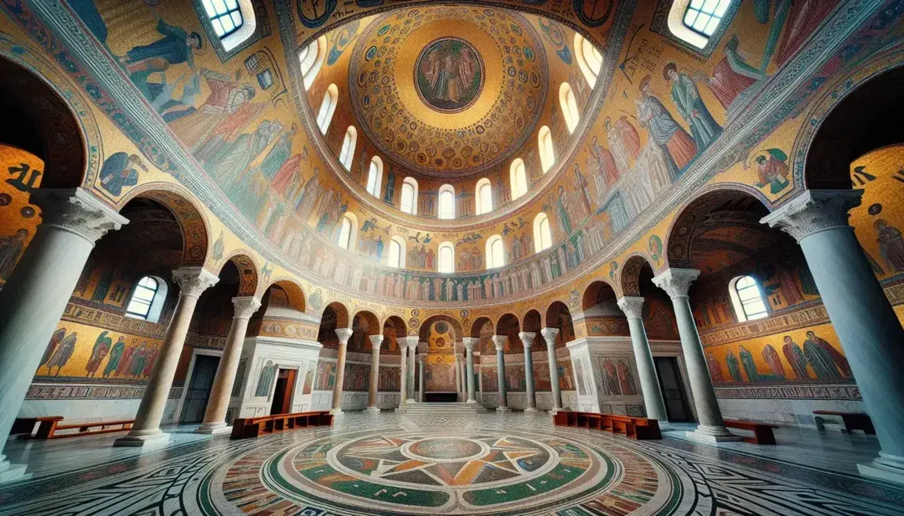 Interno della Basilica di San Vitale a Ravenna con cupola decorata da mosaici geometrici e figure umane, colonne marmoree e pavimento lucido.