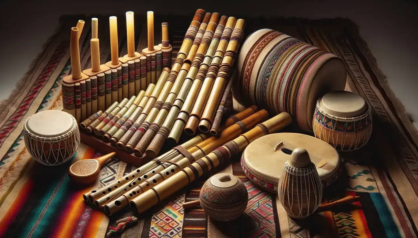 Instrumentos musicales andinos tradicionales sobre tela colorida, incluyendo panflauta, quena, charango y bombos, reflejando la cultura andina.