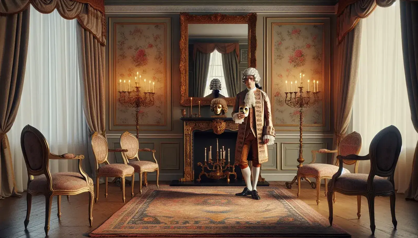 Attore in abiti d'epoca con maschera teatrale su palco in salotto settecentesco ornato, tra candelabri e specchio dorato.