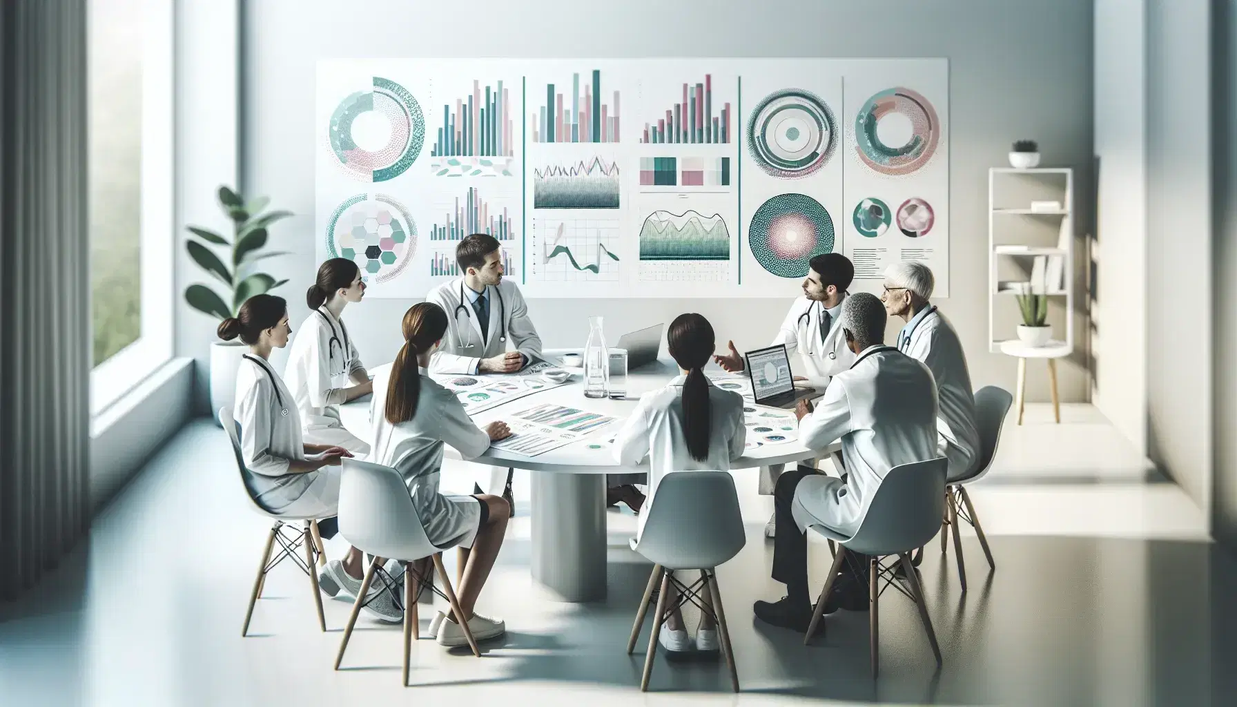 Grupo de profesionales de la salud en reunión, con dos en batas blancas y tres de civil, discutiendo gráficos en una mesa con laptop y tazas de café, en una sala iluminada con ventana grande.
