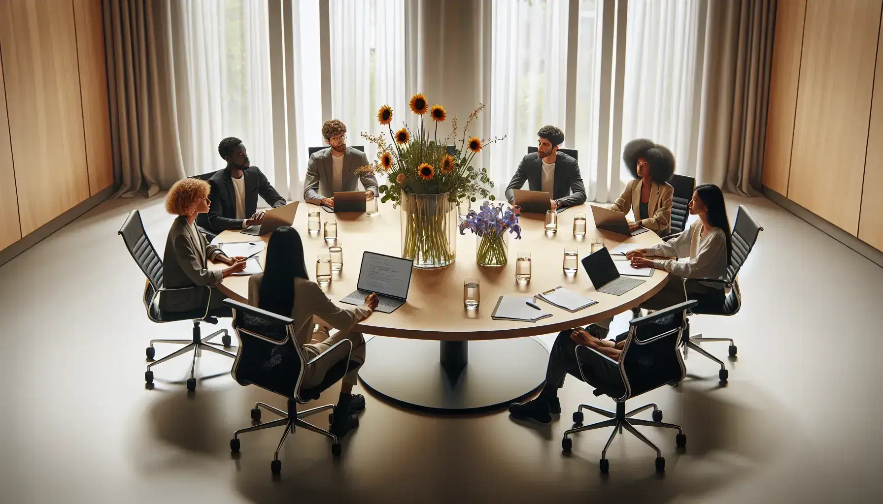 Diverse team in a conference room with laptops, engaged in discussion around a table with a water pitcher, glasses, and a sunflower centerpiece.