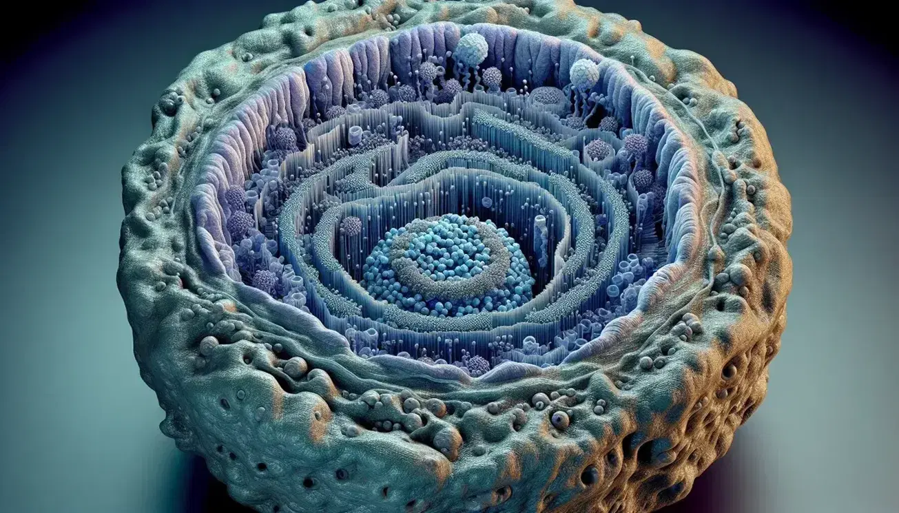 Detailed 3D representation of the eukaryotic cell nucleus with nuclear envelope, pores, chromatin and molecular transport complex.