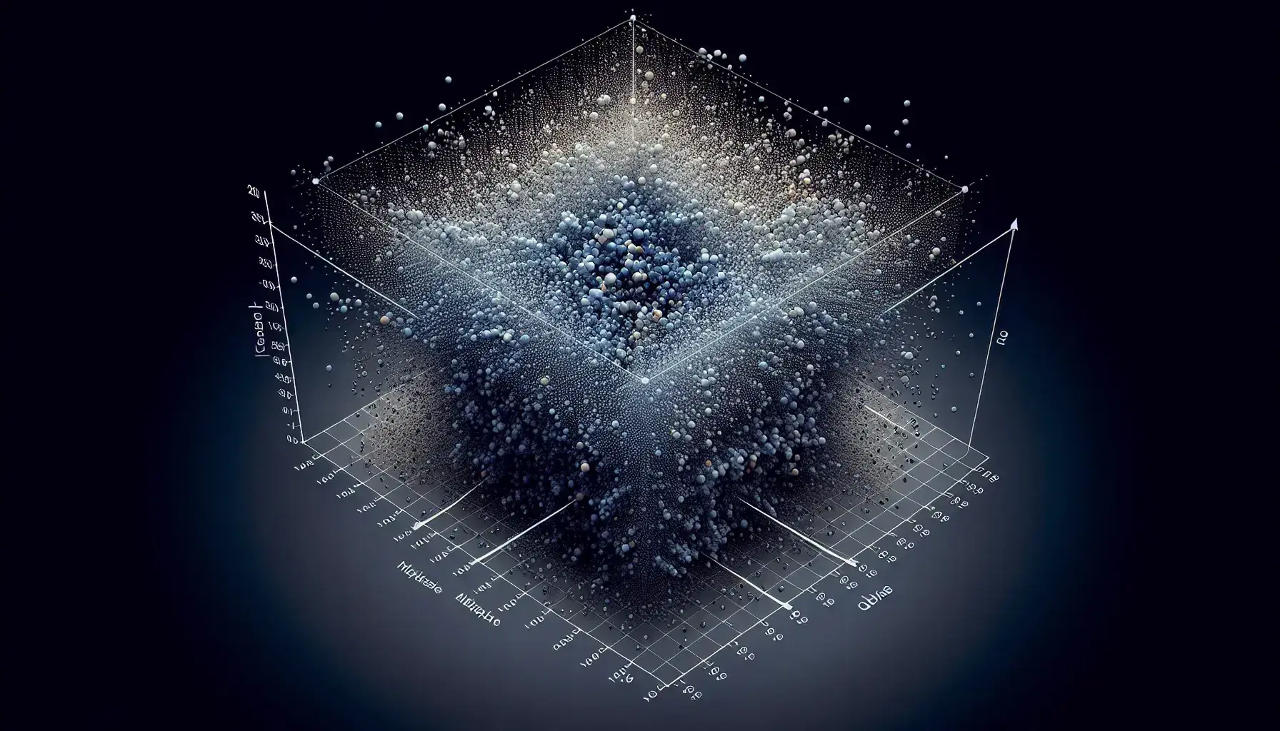 Three-dimensional chart with light to dark blue colored dots, gray translucent plane, and gold lines connecting the source to the data.