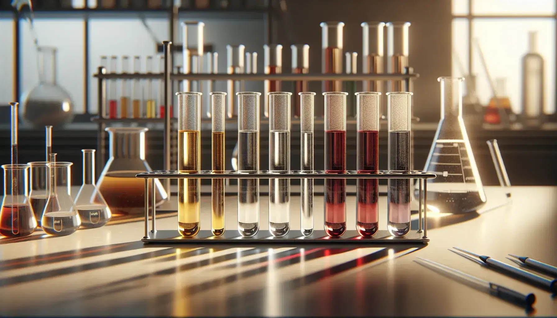 Tubos de ensayo de vidrio con soluciones de colores en gradiente de amarillo a rojo en soporte metálico sobre mesa de laboratorio, con material de laboratorio desenfocado al fondo.