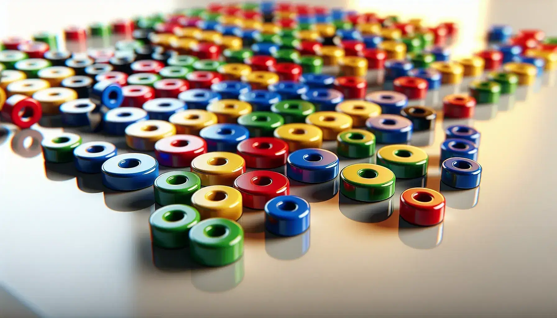 Primer plan of a white board with circular colored magnets in red, blue, green, yellow and orange, some next to each other and others separated.