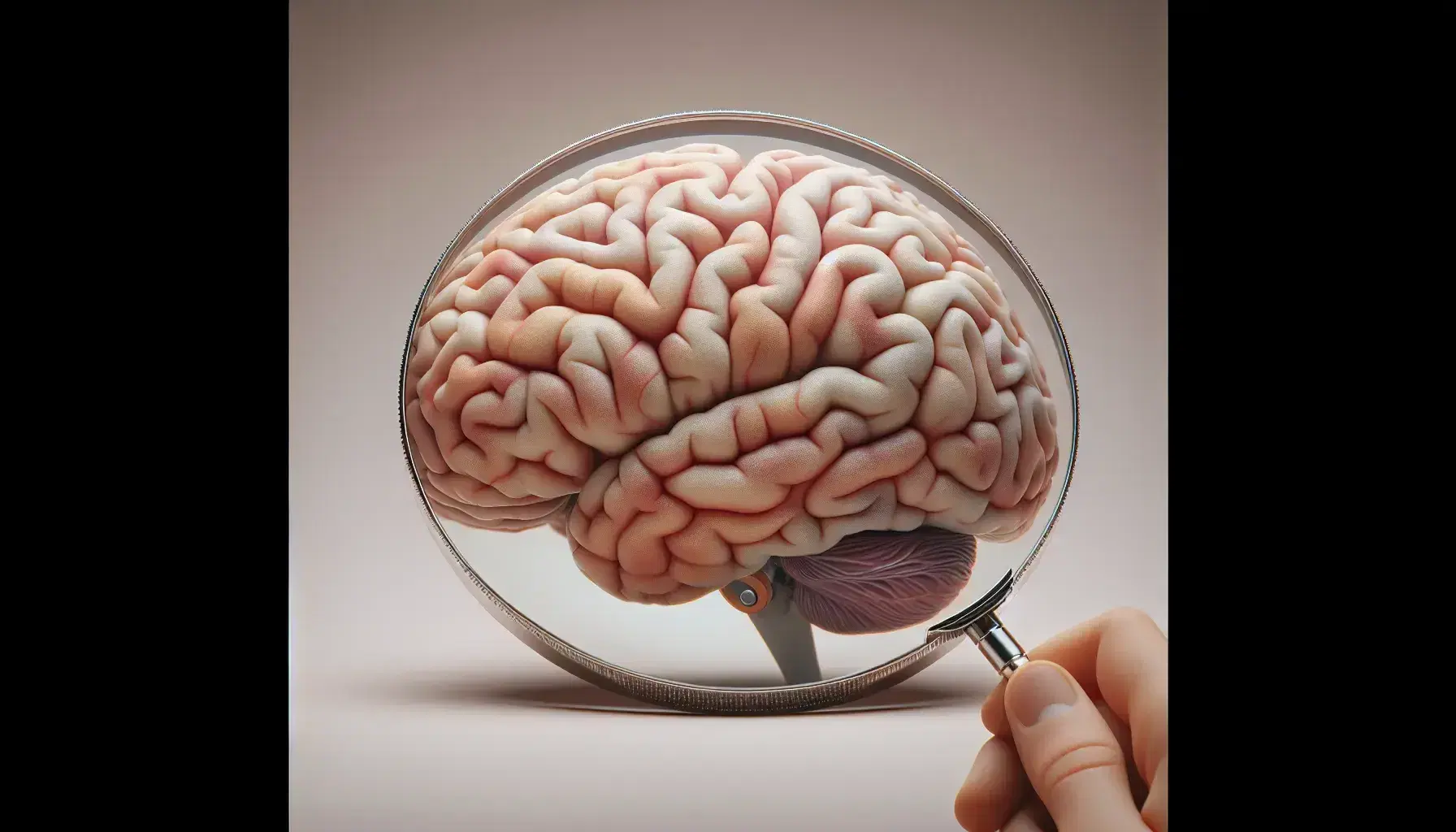 Detailed anatomical model of a human brain with temporal lobe magnified through a magnifying glass, on neutral background.