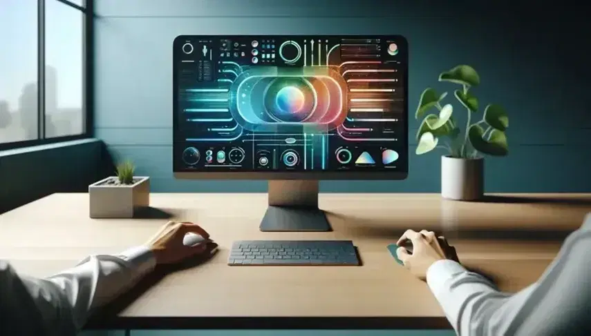Modern minimalist office desk with a high-resolution monitor displaying a colorful abstract interface, wireless peripherals, and a potted plant.