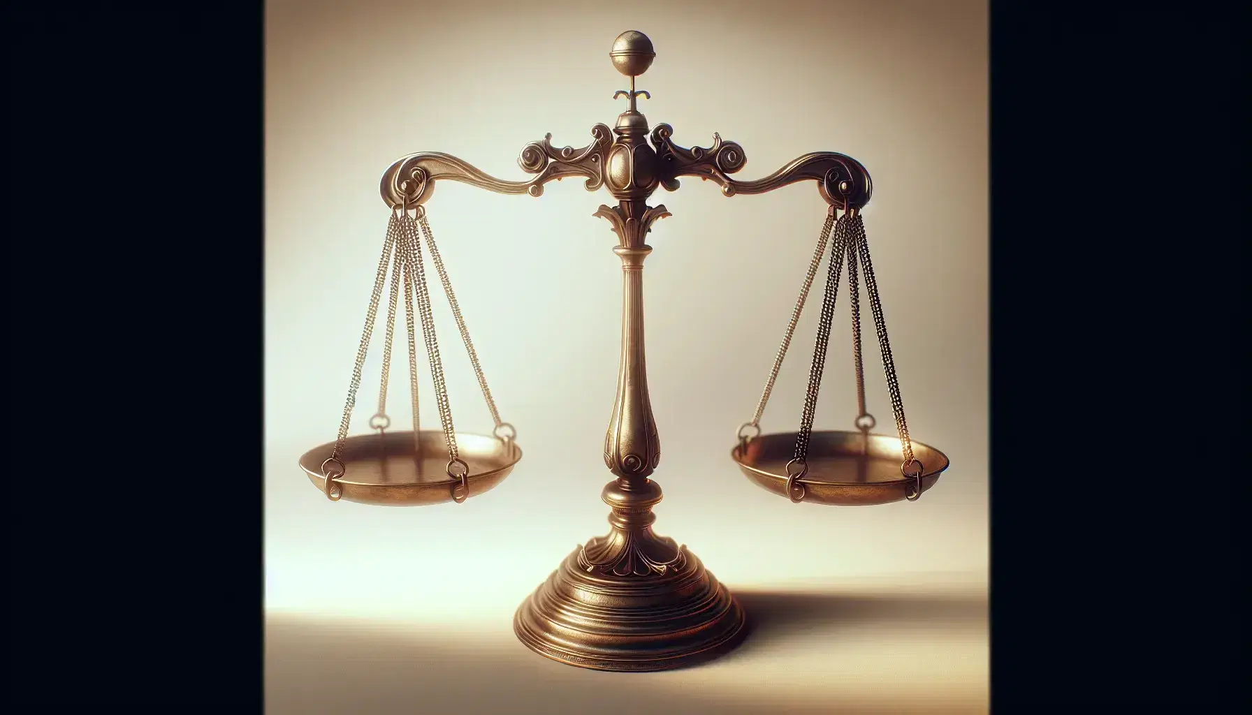 Balanza de justicia clásica equilibrada de metal brillante, posiblemente bronce, con platos circulares y fondo neutro desenfocado.