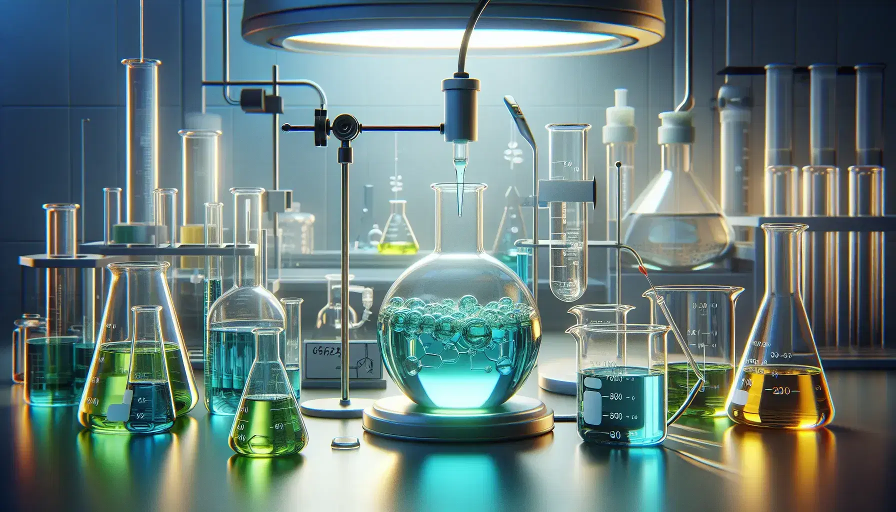 Science laboratory with test tubes, graduated cylinder with transparent liquid, beaker with yellow solution and round bottom flask with blue-green liquid mixed by magnetic stirrer.